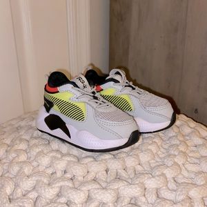 Pumas RS-X / kids size 4c / grey / black / white / neon yellow and orange
